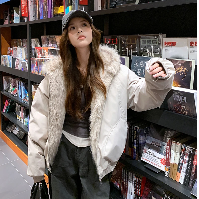 冬季新款韩版气质可拆大毛领连帽棉服小个子保暖百搭短款棉衣外套