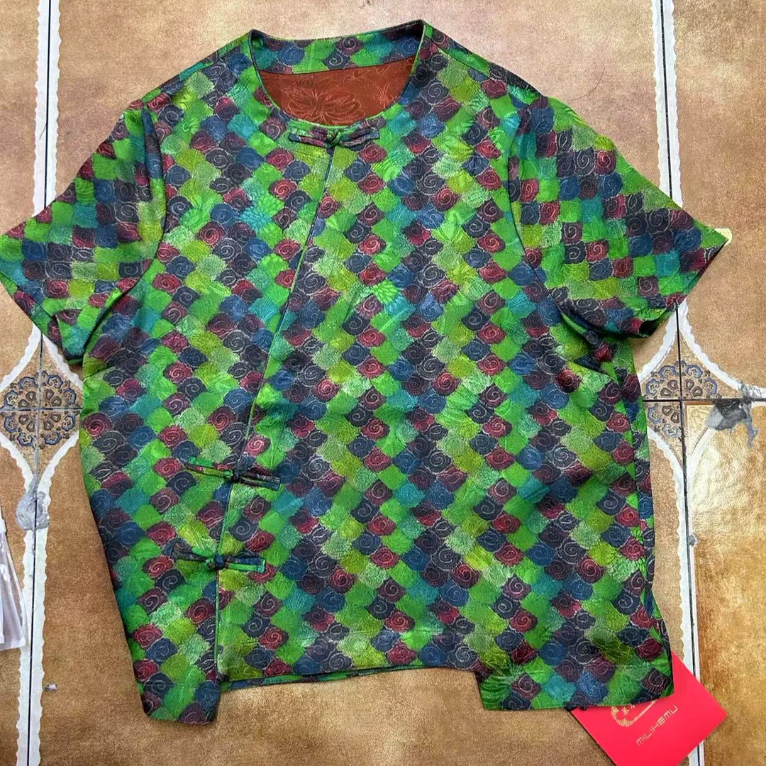 【一潮家】绿格衫 夏款新中式国风时尚偏襟三扣短袖上衣 36923