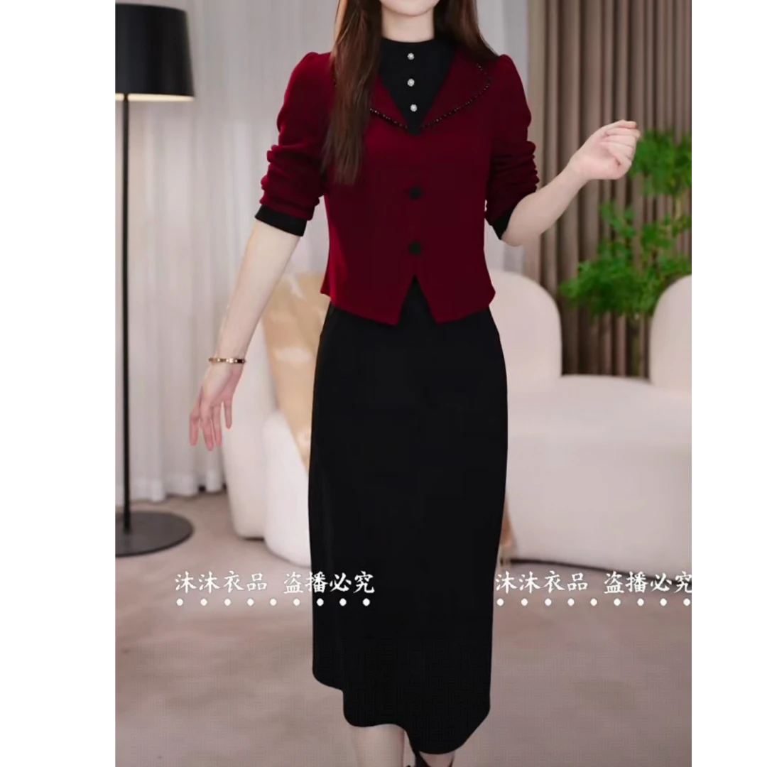 沐沐衣品显瘦气质长袖洋气时尚修身秋冬假两件气质长袖洋气连衣裙
