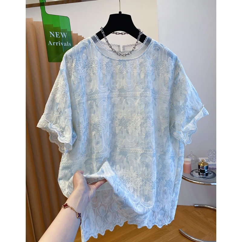 蓝色高级感蕾丝衫女短袖上衣夏2025新款宽松刺绣罩衫t恤洋气小衫