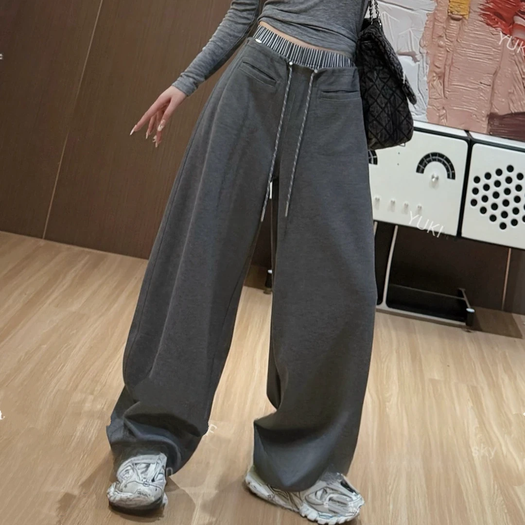 设计感假两件松紧腰休闲裤女2025夏季新款直筒宽松显瘦运动卫裤