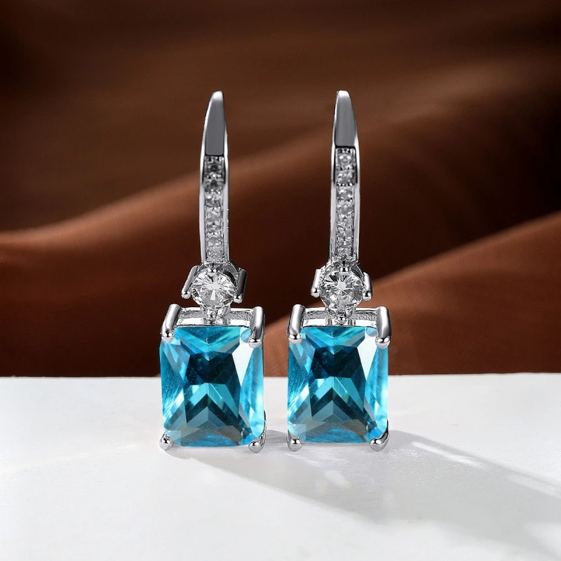 铜合金锆石耳饰 原创设计师款 微镶水蓝方钻耳钉47号