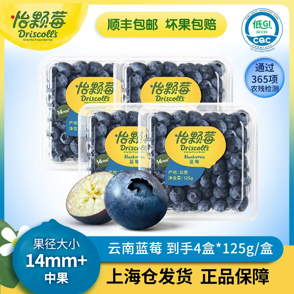 Driscoll's/怡颗莓云南新鲜花香蓝莓鲜水果中果14mm＋ 4盒 125g/盒