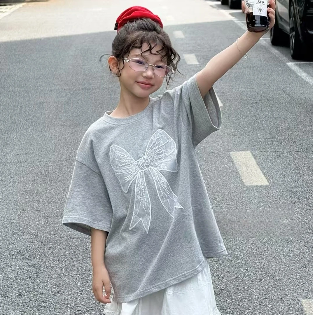 2025夏季新品中大女童甜美女孩蝴蝶结刺绣圆领宽松短袖T恤25131