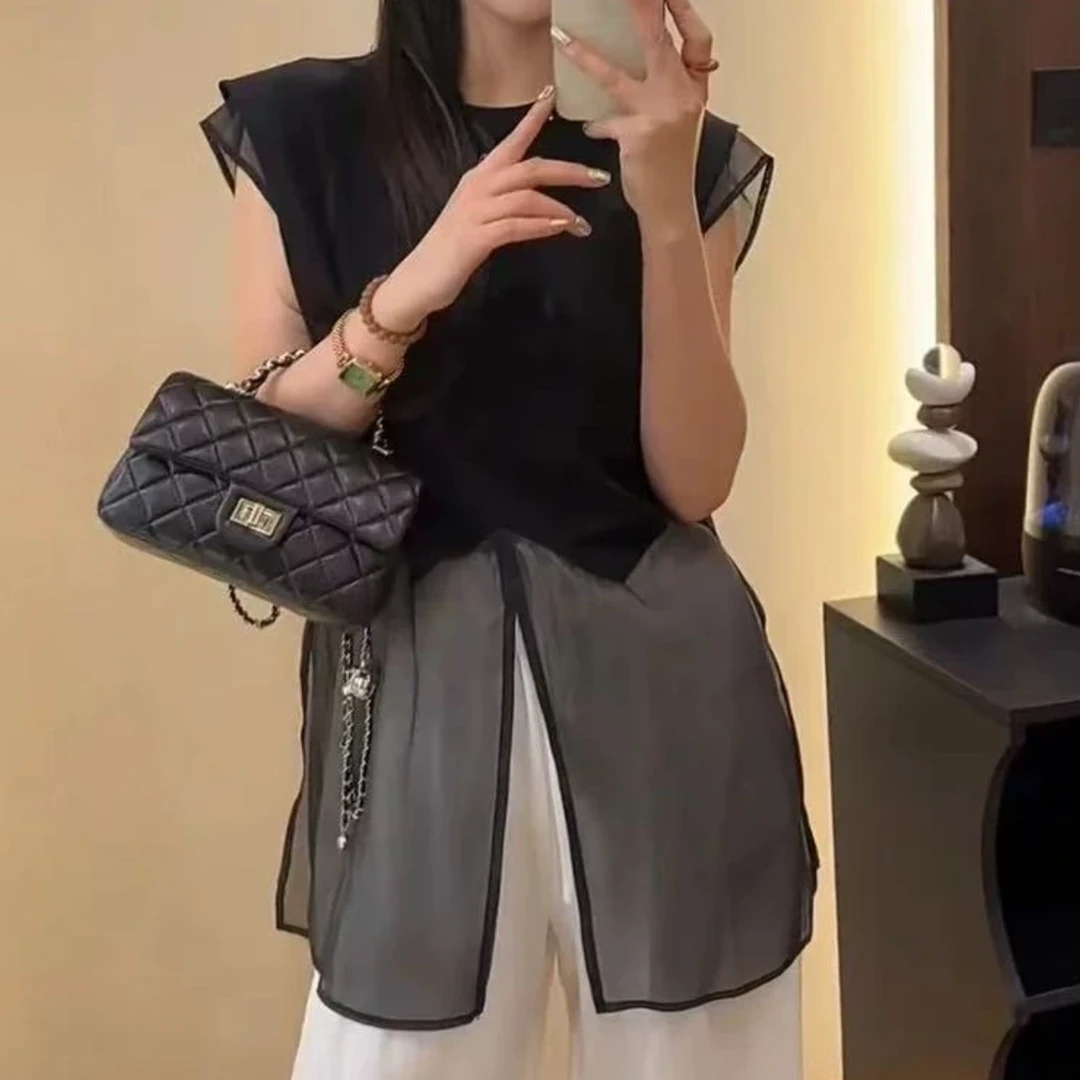 设计感飞飞袖拼接网纱上衣女夏季新款T恤百搭宽松显瘦上衣潮