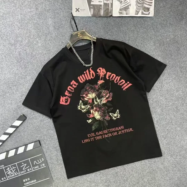 时尚圆领短袖几何印花修身型T恤宽松情侣黑色国潮百搭春夏潮流