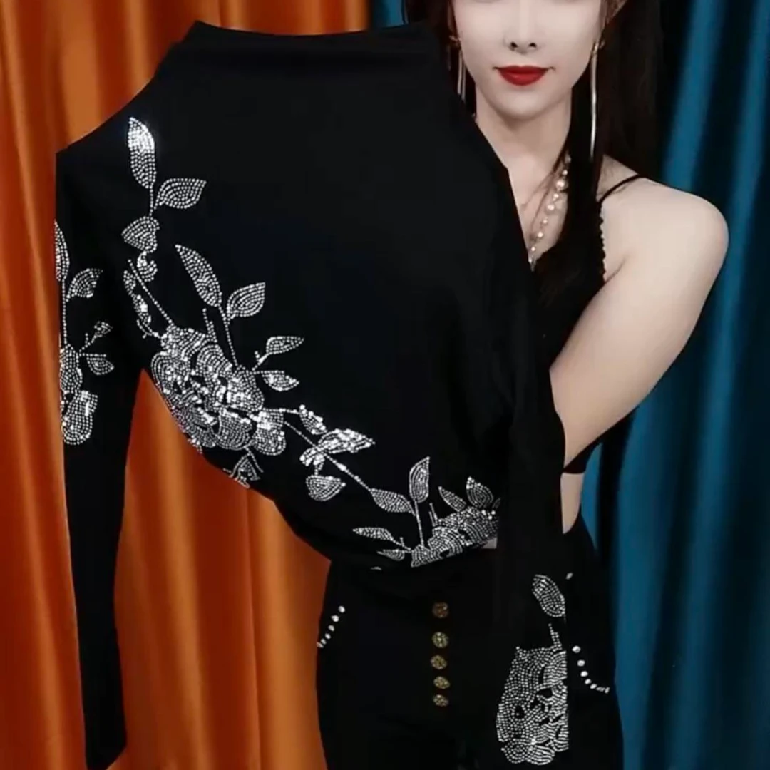 洋气时尚妈妈装弹力打底衫宽松长袖重工烫钻半高领显瘦T恤上衣女