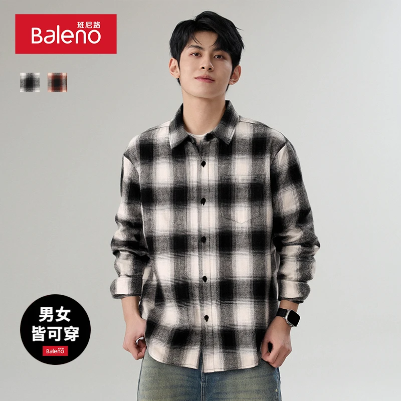 班尼路潮牌衬衫男春秋季重磅格子休闲衬衣男女同款复古时尚外套X