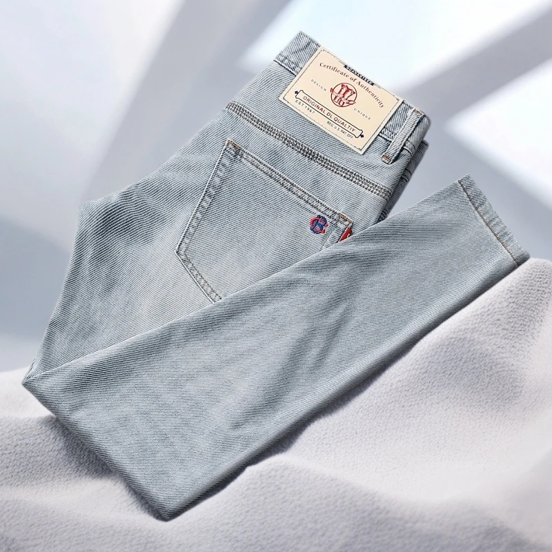 宾斯洛特夏季新款浅蓝色牛仔裤男修身小直筒长裤休闲时尚简约九分