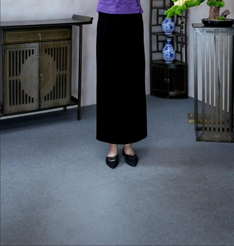 【MIAOCI】Q3008时尚百搭洋气黑色高腰显瘦丝绒半身裙