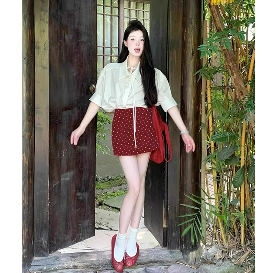 红色波点半身裙女夏薄2025新款a字包臀短裙小个子多巴胺掐腰半裙