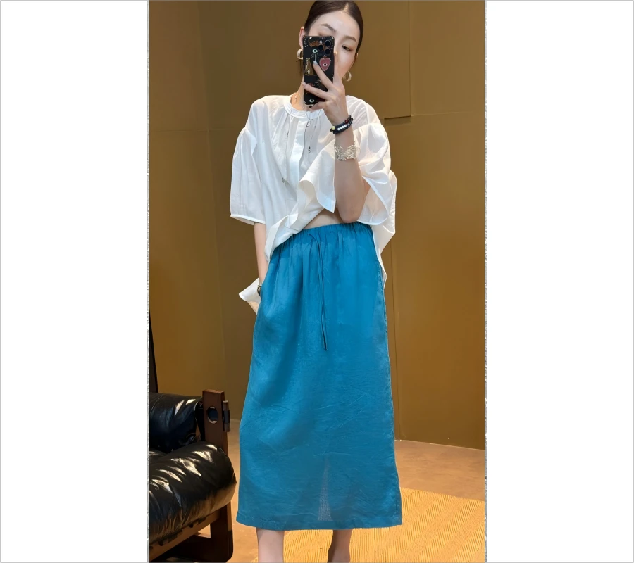 多巴胺 I 中高腰显瘦松紧腰纯色百搭A字小众开叉半身裙*25W5Y0011