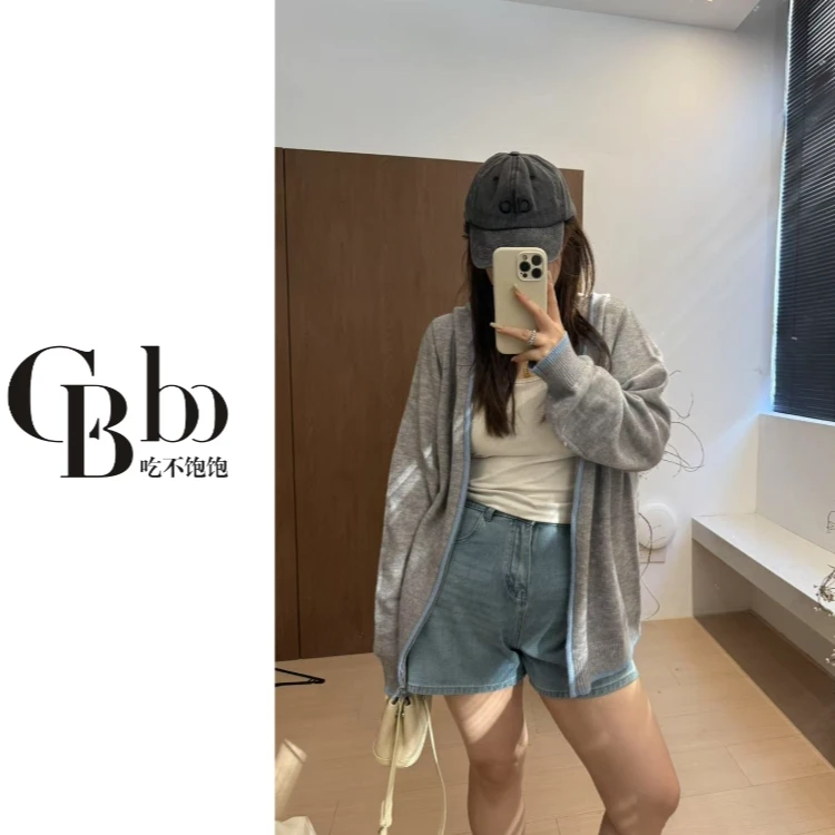 【吃不饱饱】大码 月下听风 慵懒感撞色色针织连帽拉链毛衣158