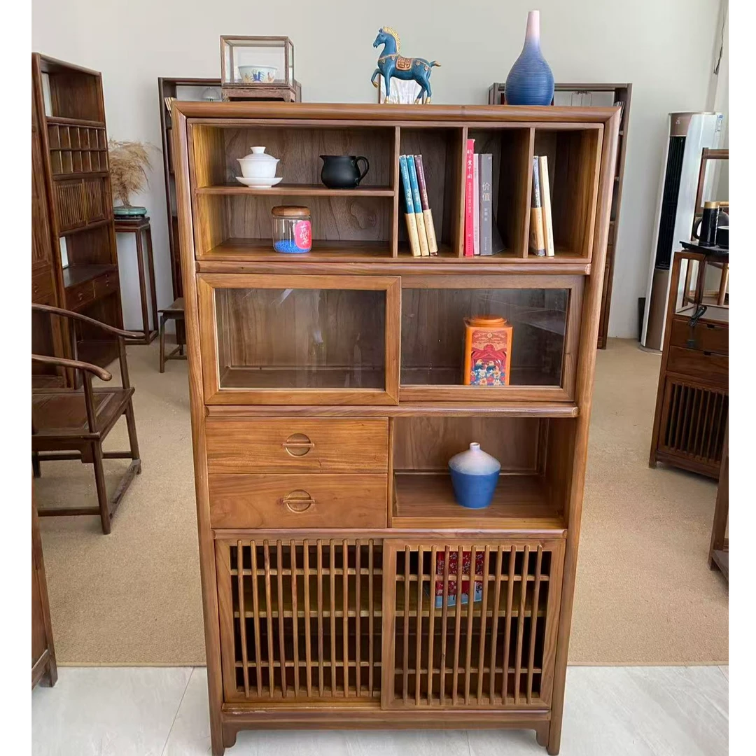 北方老榆木新中式架落地式榫卯结构储藏中国风阳台书房茶边柜