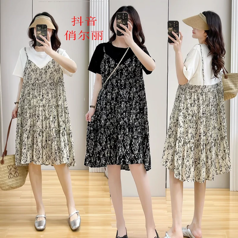 夏季圆领短袖假两件吊带碎花连衣裙大码网红气质洋气宽松裙子2363