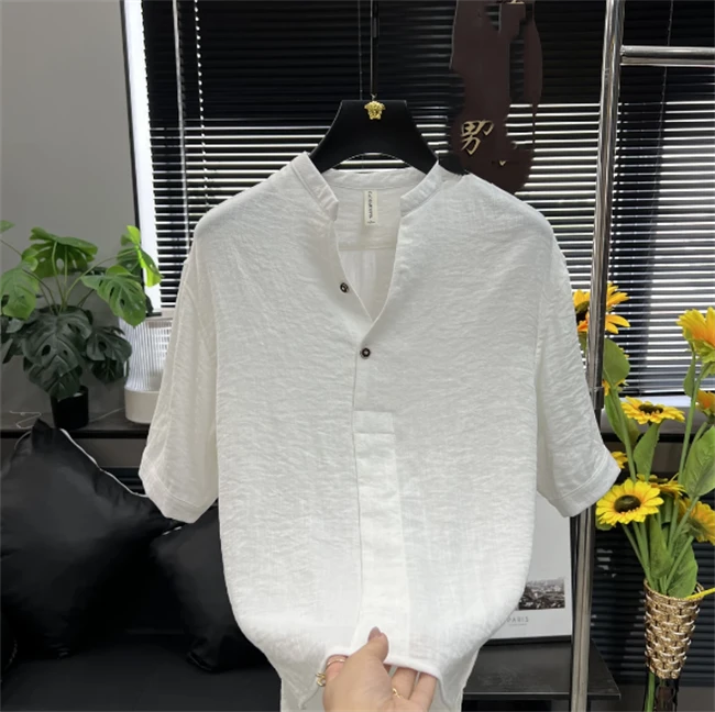 T恤夏季V领休闲时尚薄款简约轻奢百搭纯色男士半袖五分袖