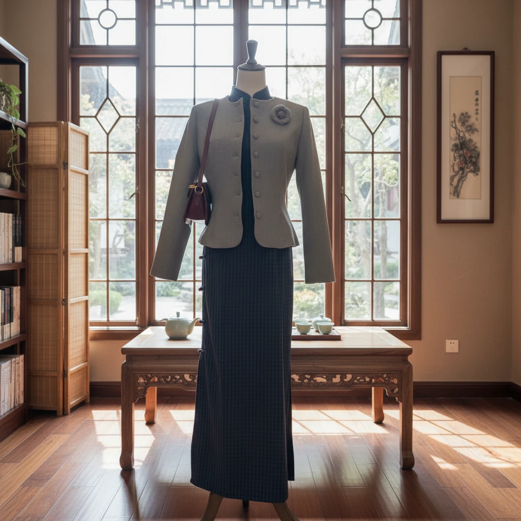 春秋款全开襟连肩袖衣长135藏蓝色格子文艺旗袍日常大气百搭气质