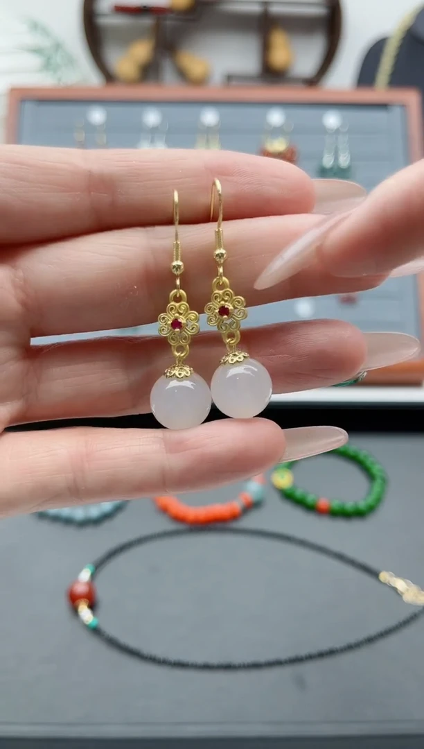 【闪购商品】玛瑙/玉髓耳饰银S925镀金镶嵌305