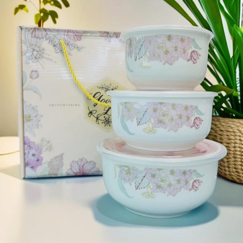 新疆包邮 【带礼盒带盖饭盒三件套】 保鲜盒家用陶瓷保温大碗