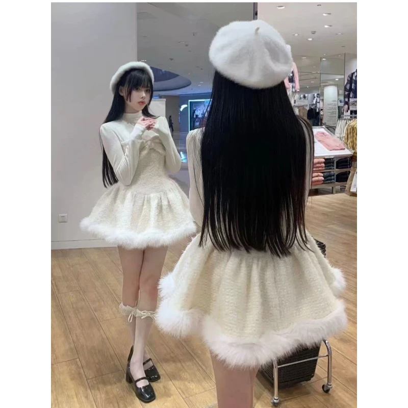 【白雪公主】毛绒连衣裙子2024冬季新款别致蝴蝶结长袖蓬蓬裙8338