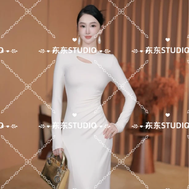 东东定制【白月光】冬款修身褶皱镂空设计针织连衣裙女气质长裙