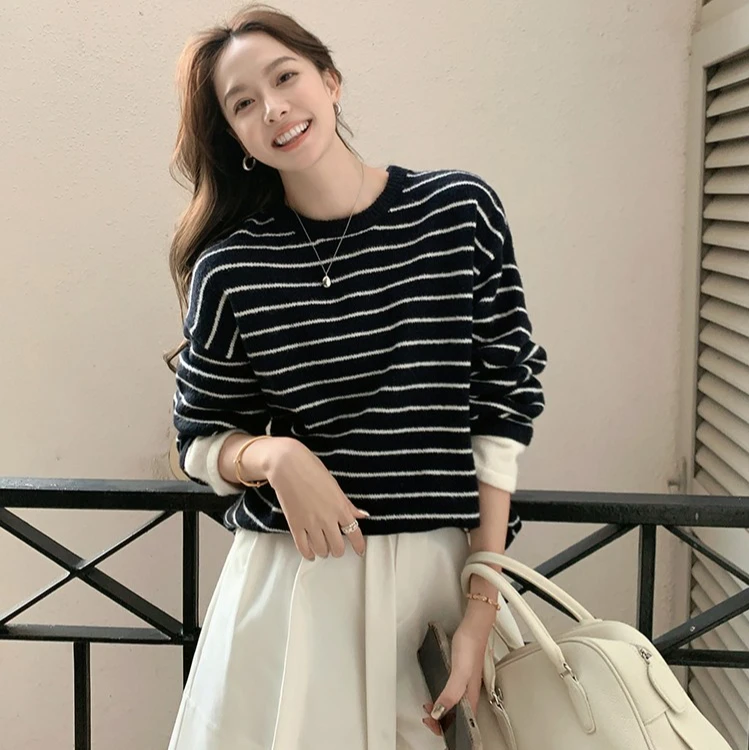 美洋MEIYANG【现货】假日航线毛衣 海魂条纹假两件圆领针织衫Ser