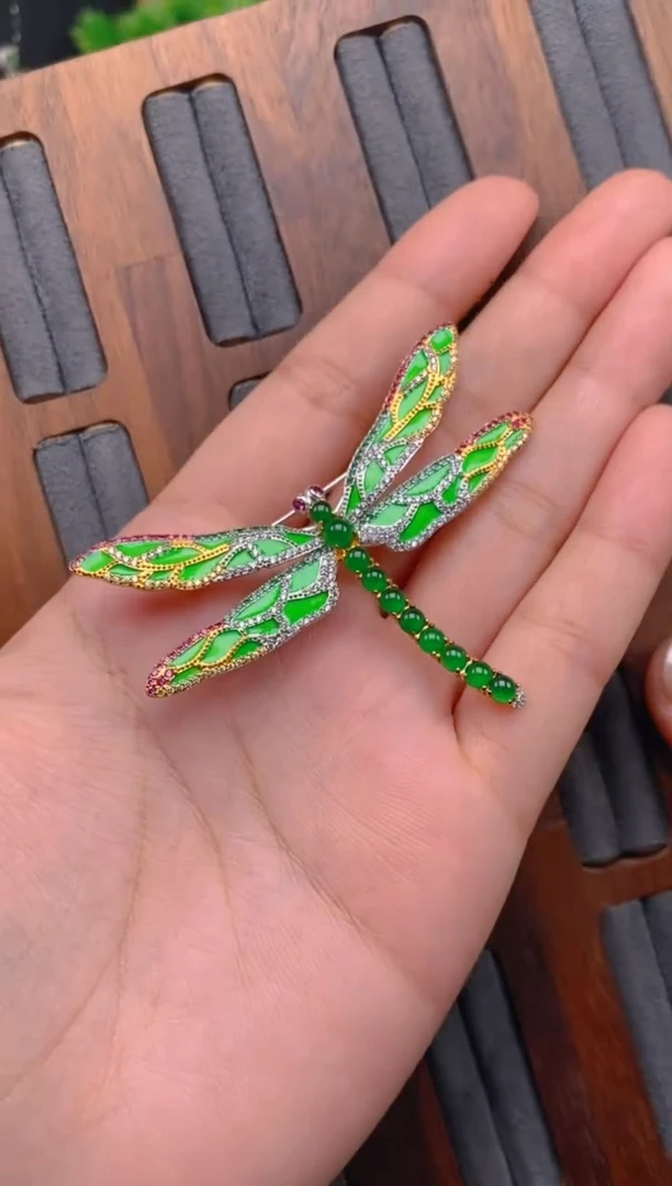 吊坠(不含链)银S925镶嵌翡翠蜻蜓胸针
