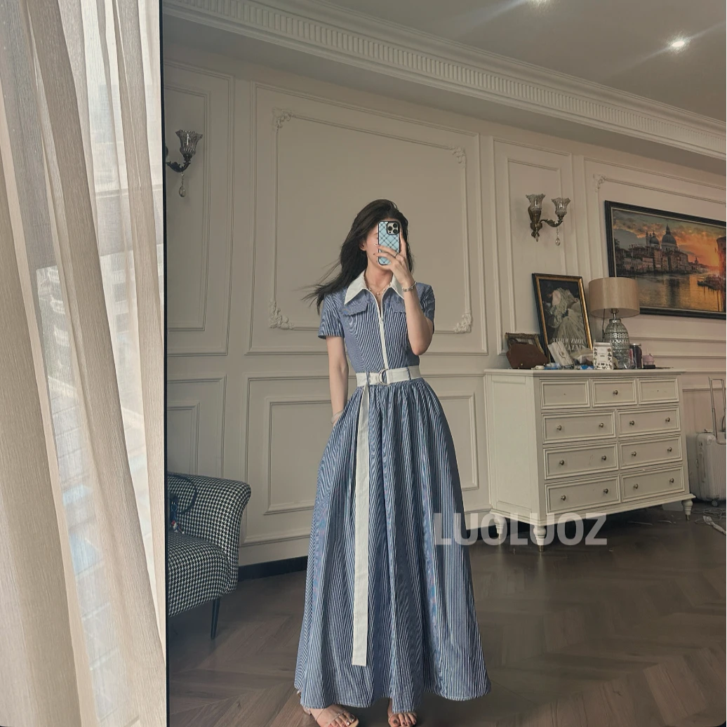 【现货】LUOLUOZ【小岛夏日】棉天丝撞色绝美轻奢收腰长款连衣裙CC163