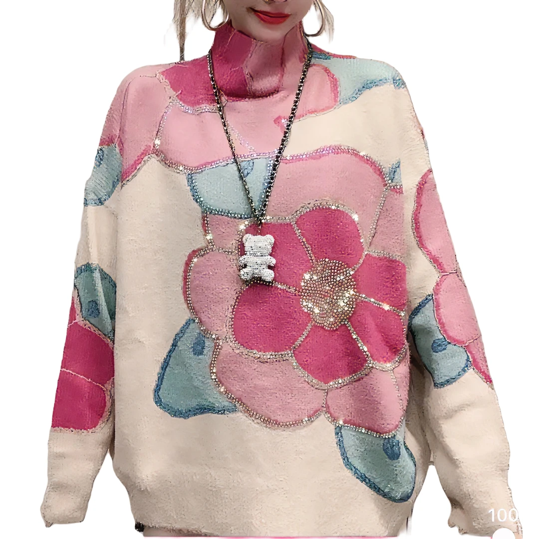 富贵花开--半高领-春秋款毛衣-2025百搭时尚潮流烫钻女装6666666