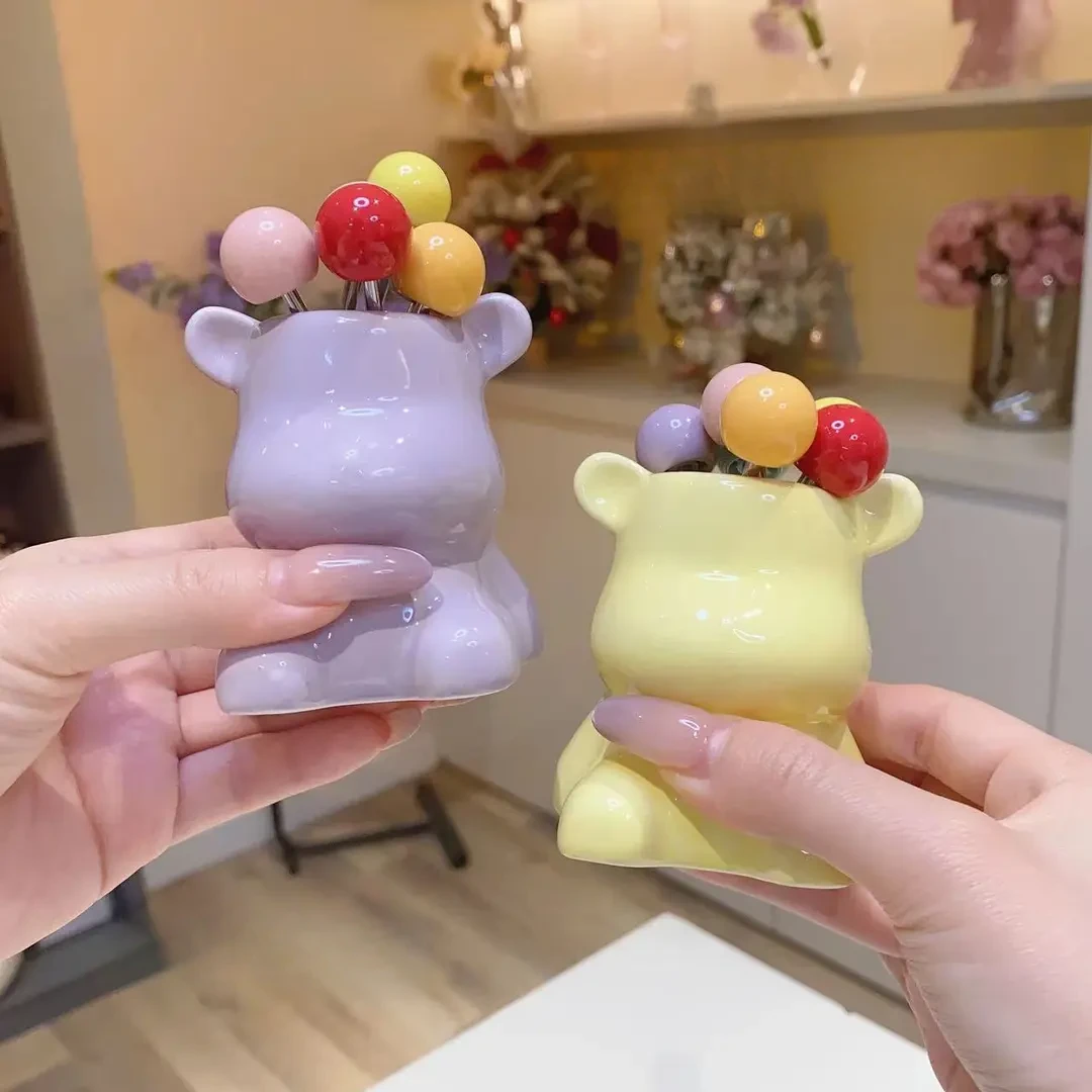 轻奢水果叉子家用收纳餐具套装点心叉甜品叉创意小熊水果叉罐A820