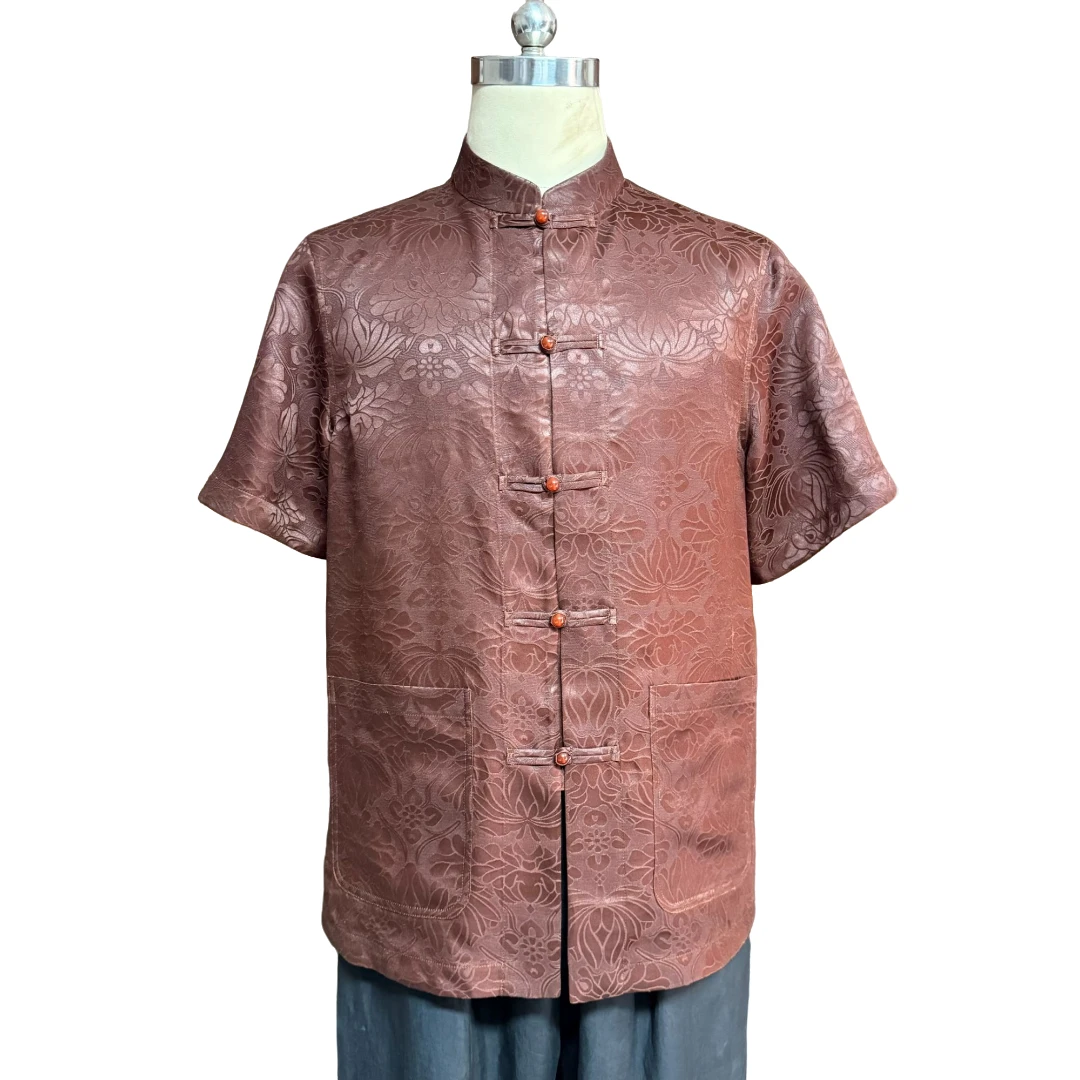 2025新款佛手莲花绫 双面穿红云纱短袖唐装 立领男新中式休闲男士