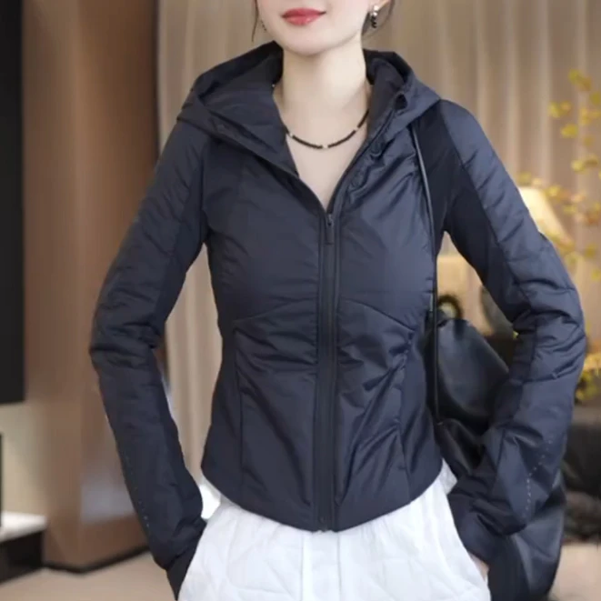 夹棉连帽短外套女2025新款修身气质小个子洋气轻薄夹克小棉袄秋冬