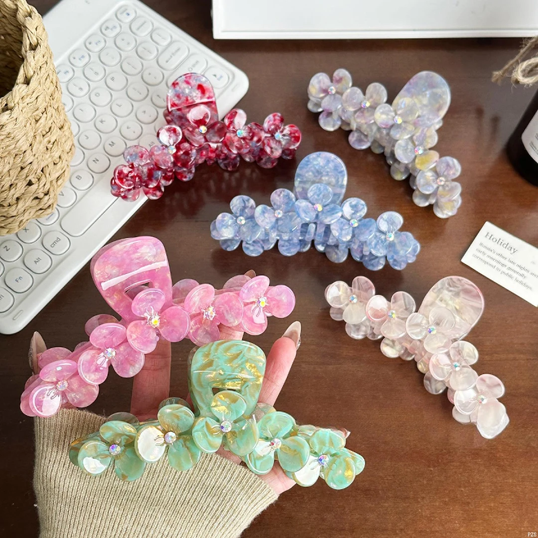 新款饰品~镶钻抓夹花朵醋酸发夹高级感鲨鱼夹子大号扎马尾发饰