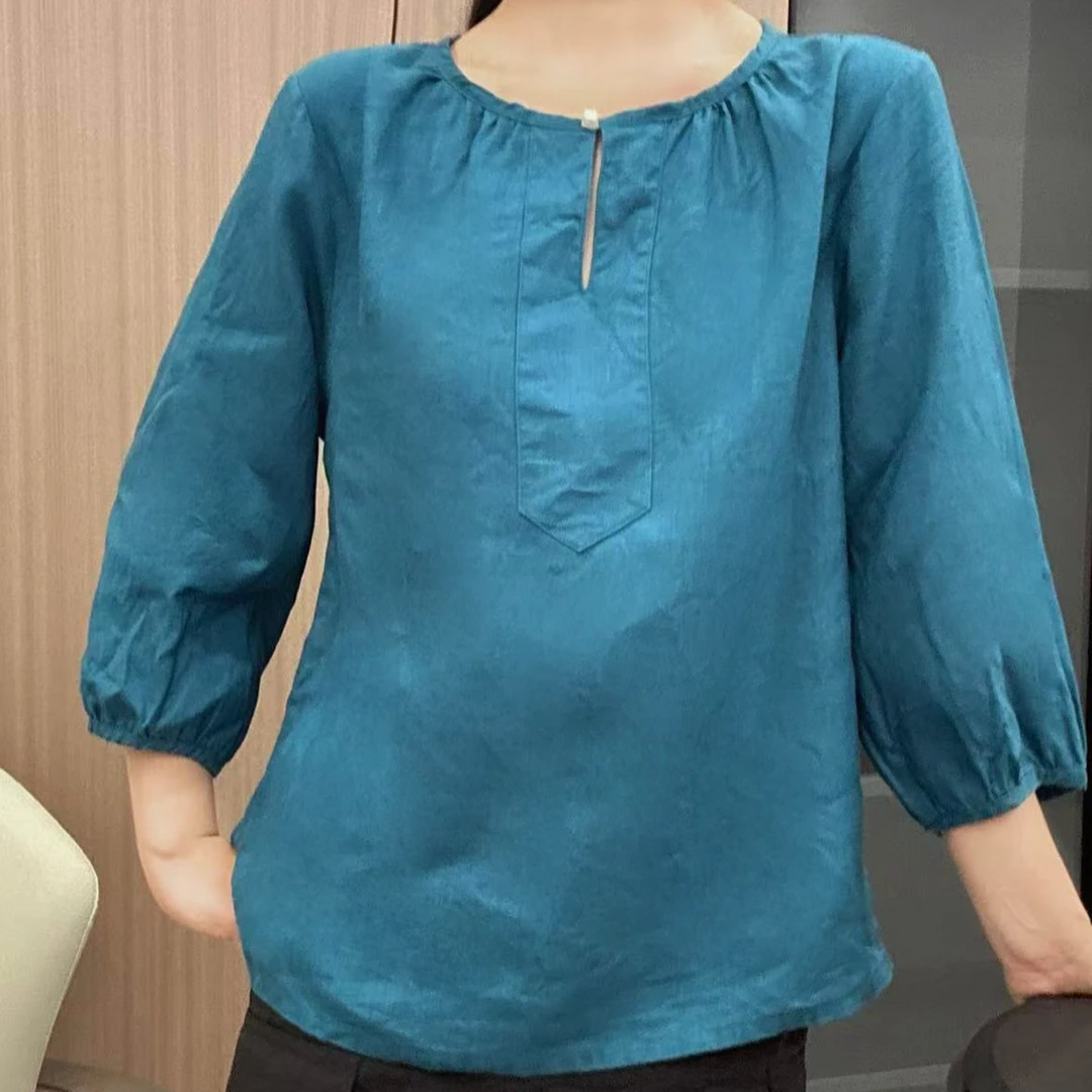 【双雨露24支】100%重磅纯汉麻女士珍珠小衫复古七分袖