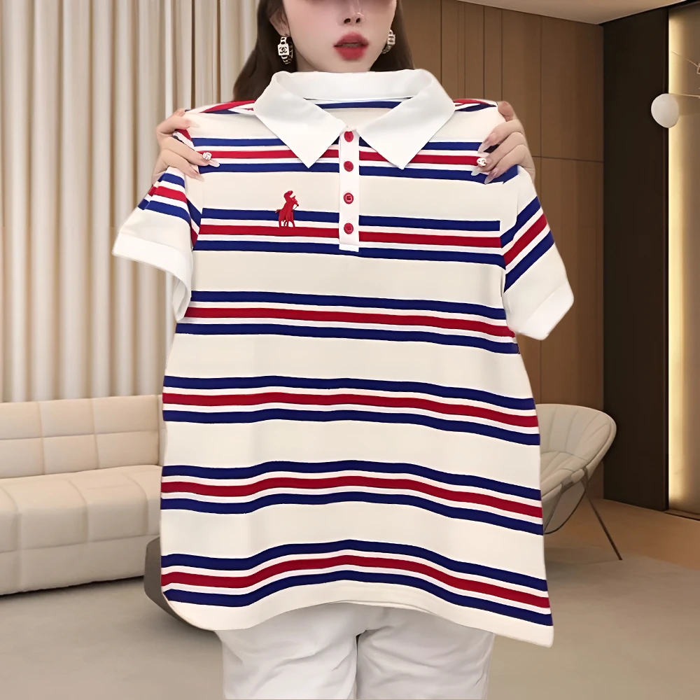 老钱风松弛感女装纯棉百搭彩色条纹宽松显瘦短袖女款爆款2025新款