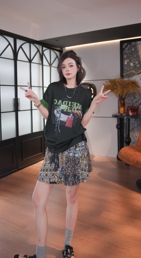 BANINGNA-2025欧货夏季慵懒设计款做旧撞色系宽松短袖T恤02221