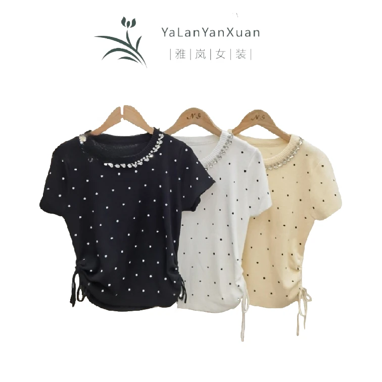 【雅岚女装】时尚洋气显瘦夏季新款重工镶钻波点短袖针织衫T恤休闲