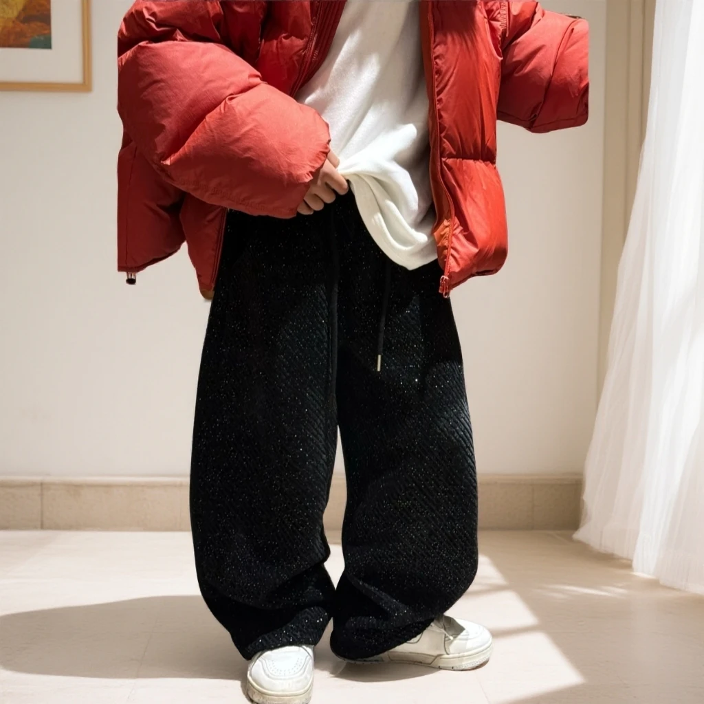 男女童加绒裤子2025新款秋冬装雪尼尔一体绒直筒裤中大儿童阔腿裤