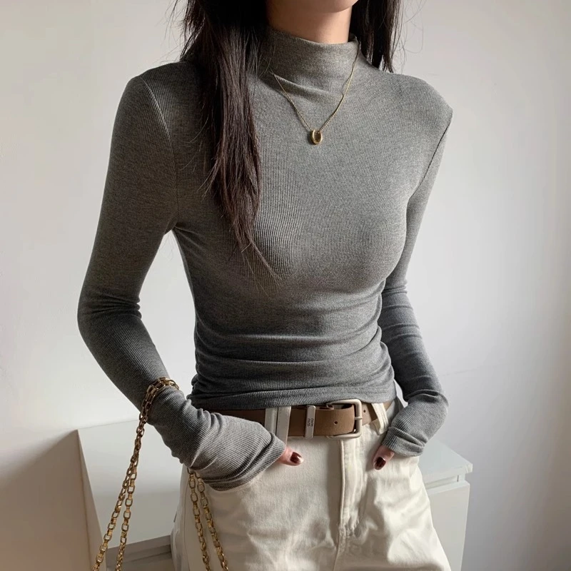 半高领螺纹打底衫秋冬季内搭2025新款长袖上衣显瘦外穿修身气质女