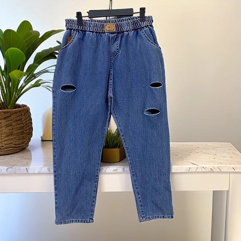 160-200斤 裤长90 九分高弹破洞牛仔裤