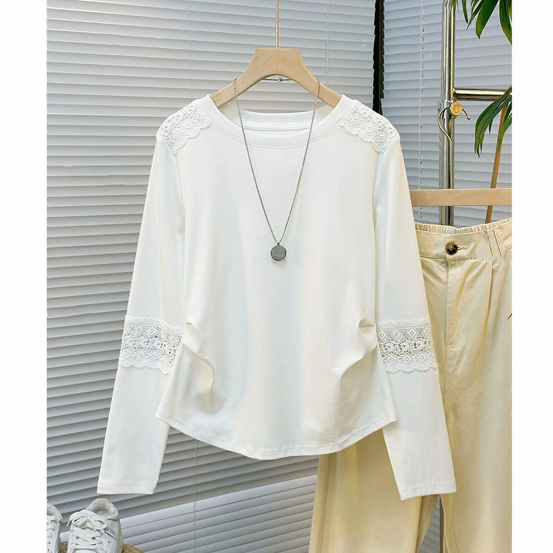 2025秋季新款圆领花边拼接钩花镂空打底衫简约休闲宽松显瘦T恤女