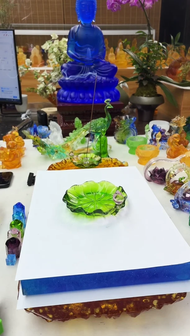 手工艺品琉璃绿色荷花杯碟11公分