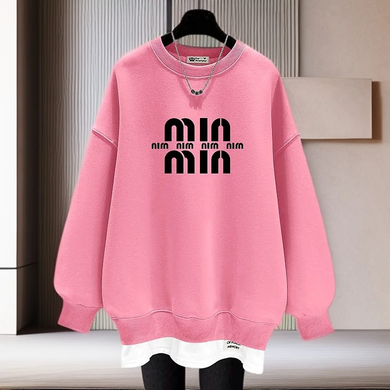 搭配瑜伽裤字母印花假两件加绒卫衣女2025年秋冬新款宽松长袖上衣