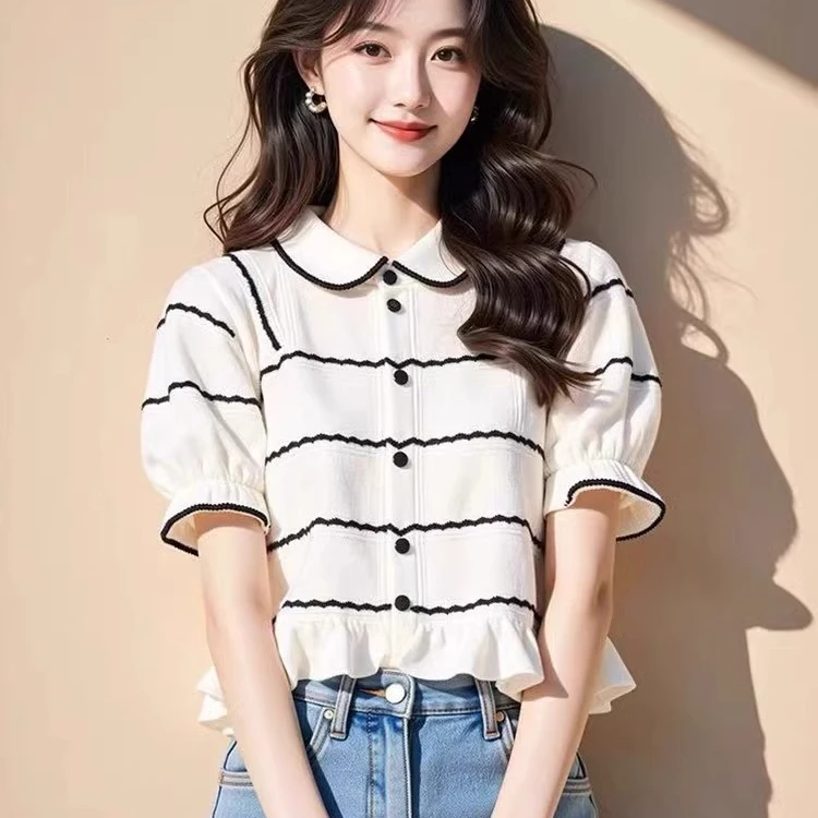 白色条纹娃娃领短袖t恤女2025新款独特设计感木耳边泡泡袖上衣夏