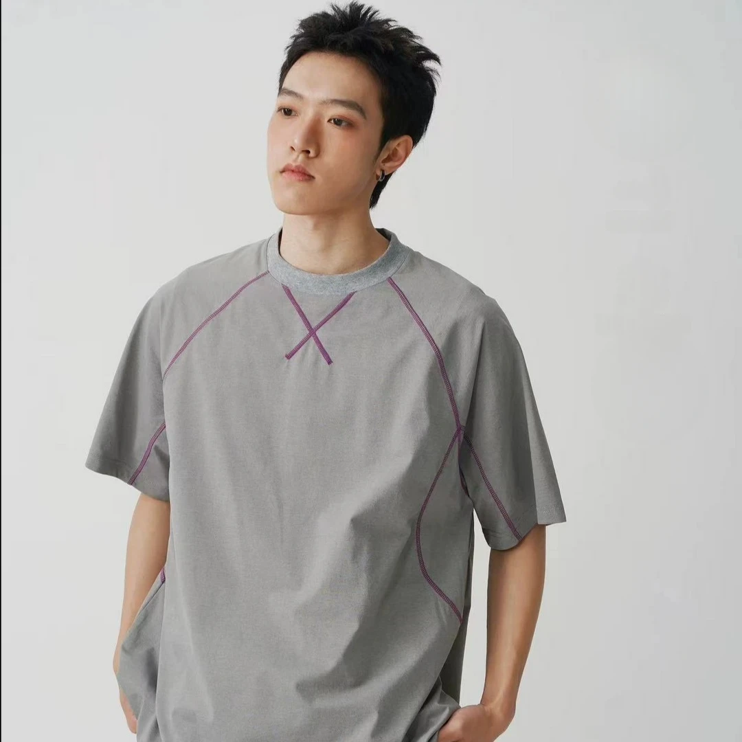 高级感轻奢设计户外运动休闲速干圆领设计交叉网纹拼接针织短袖