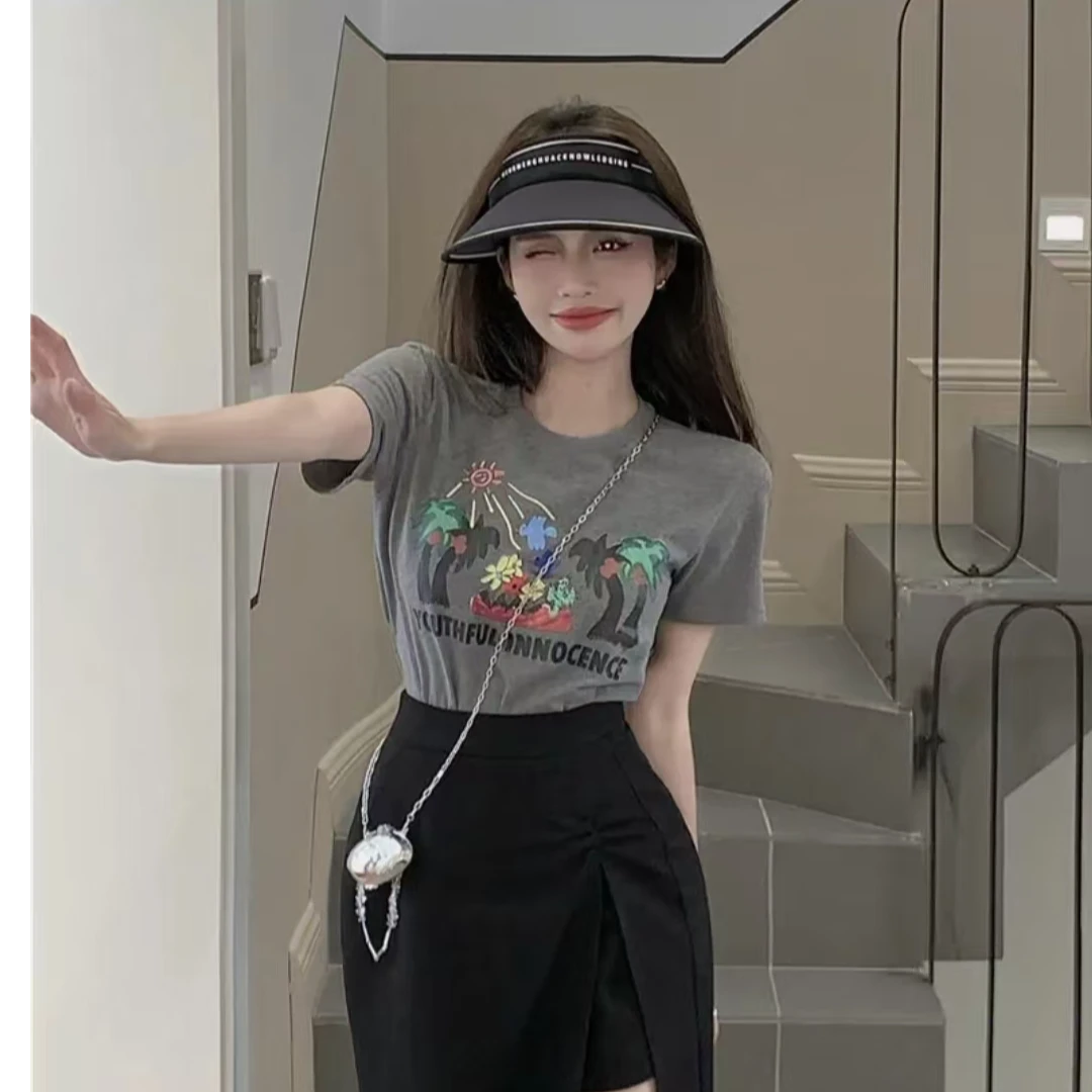 正肩短袖t恤女夏季新款修身显瘦洋气设计感体恤高级感上衣