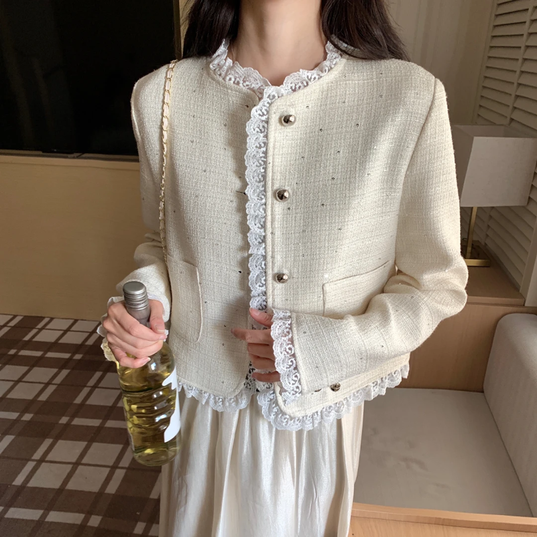 小香风短外套纯欲甜美蕾丝边微闪亮片清冷气质优雅短外套