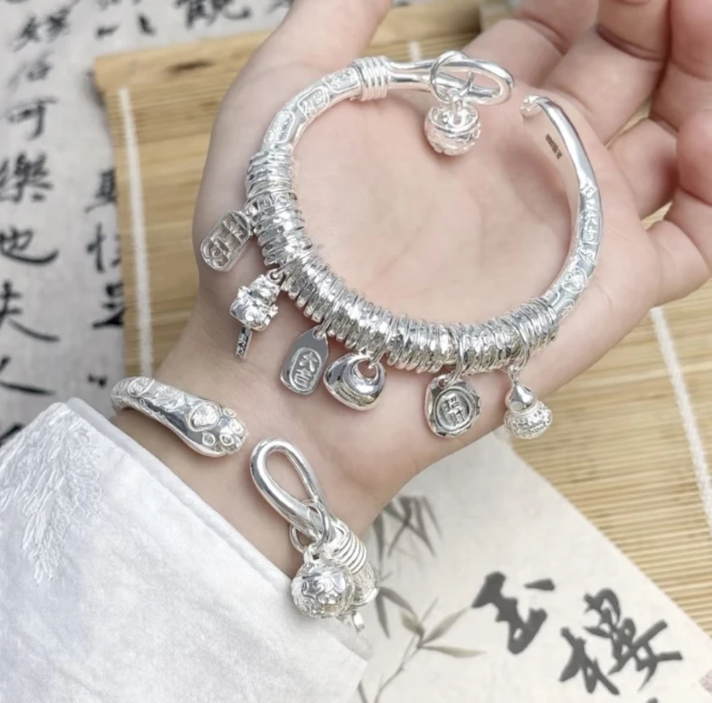 足银手镯 壹足银999小胖福招财猫盘缠手镯简约轻奢生日送女友y306