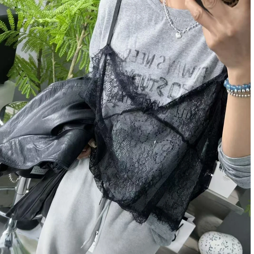 SISTERS 【假两件】四季软打底山风灰色蕾丝T恤【衣长72胸围65CM】