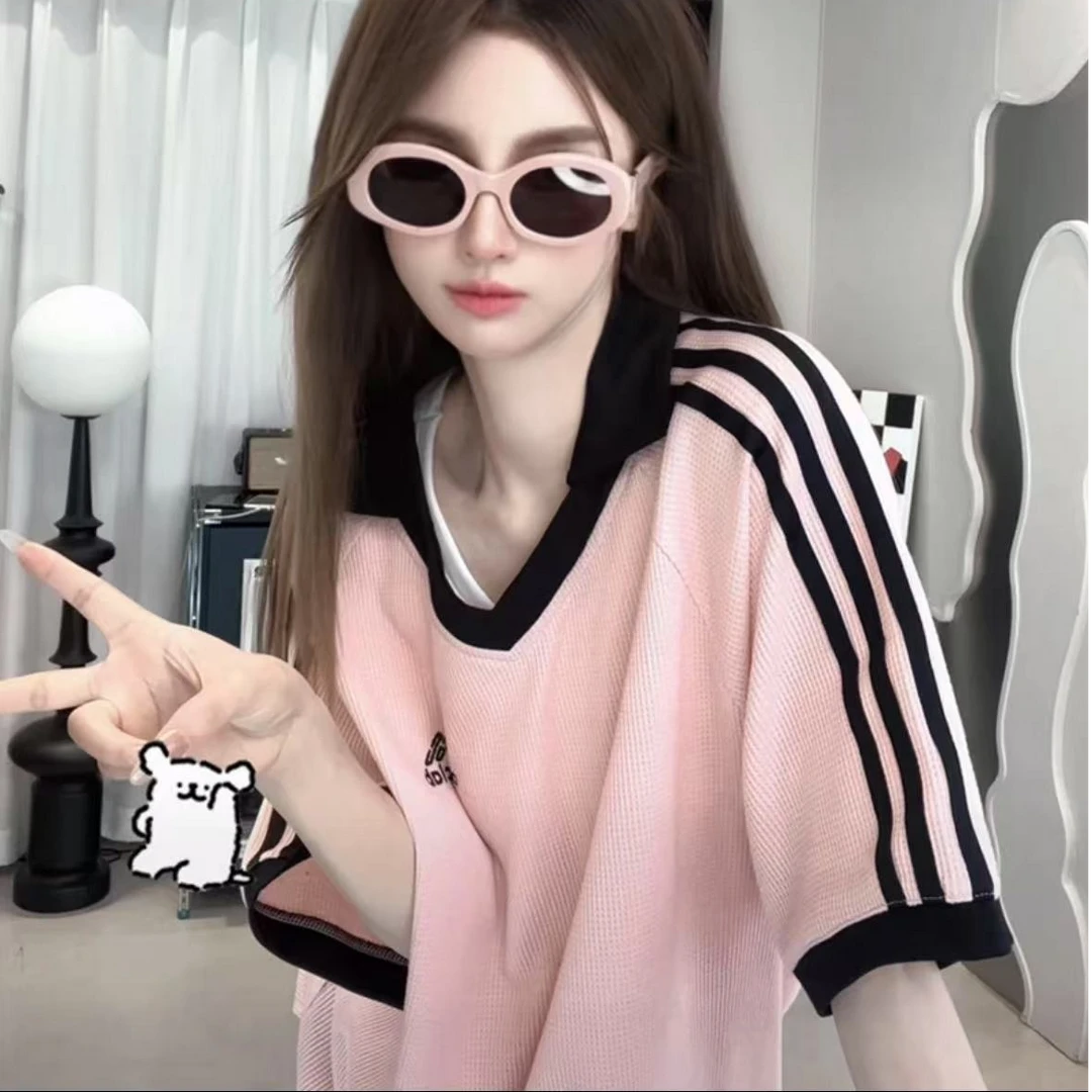 {哆哆专属}潮牌测条华夫格条纹短袖T恤男女夏季情侣装宽松polo衫